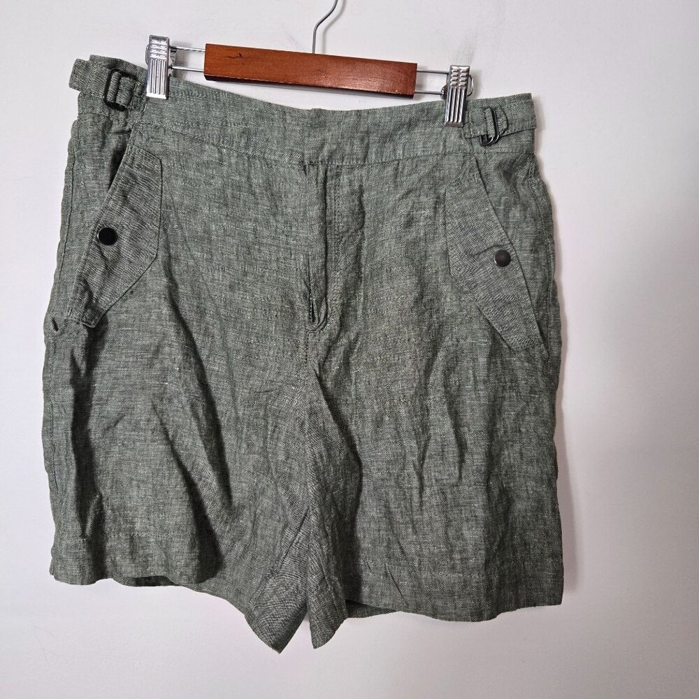 Athleta Size 8 100% Linen Voyager Olive Green 7" Shorts High-Waisted